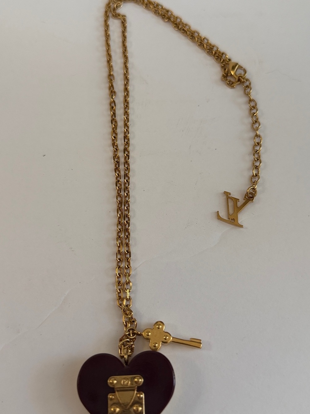 Louis Vuitton Gold Chain Necklace with Burgundy Heart Padlock - Picture 12 of 16
